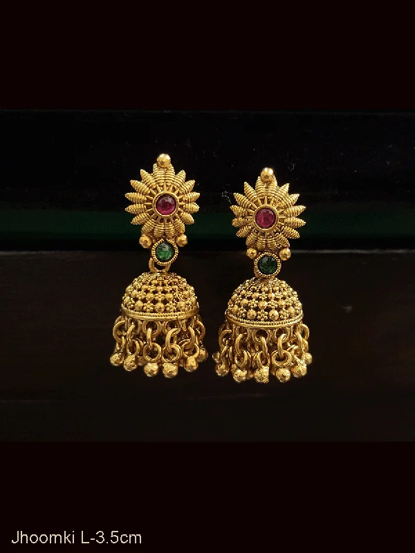 tarnished silver earrings-Flower top with coloured stones small jhoomki