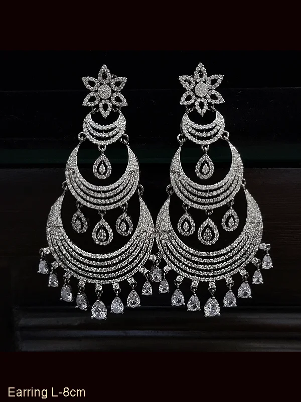 frond hoop earrings-Flower top zircon studded three tier chandbali earrings