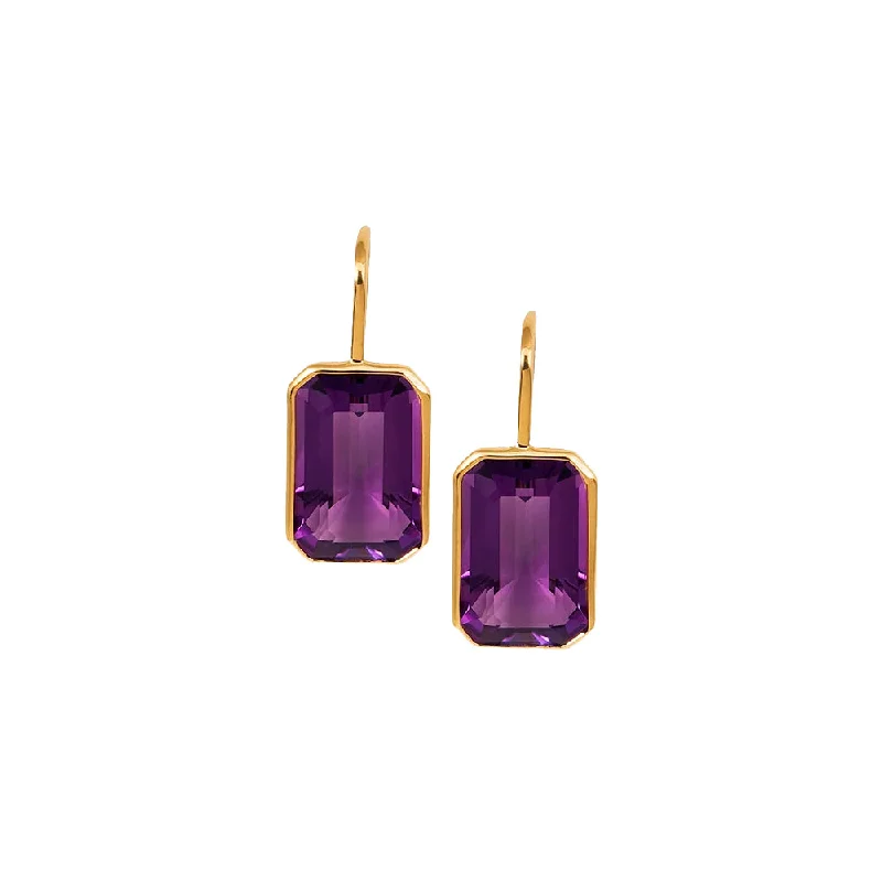 thin birthstone earrings-Amethyst Emerald Cut Earrings on Wire