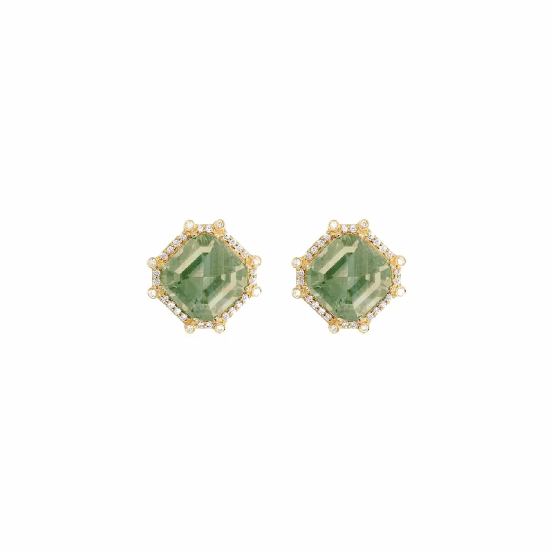 chiseled silver earrings-Prasiolite & Diamond Gossip Studs