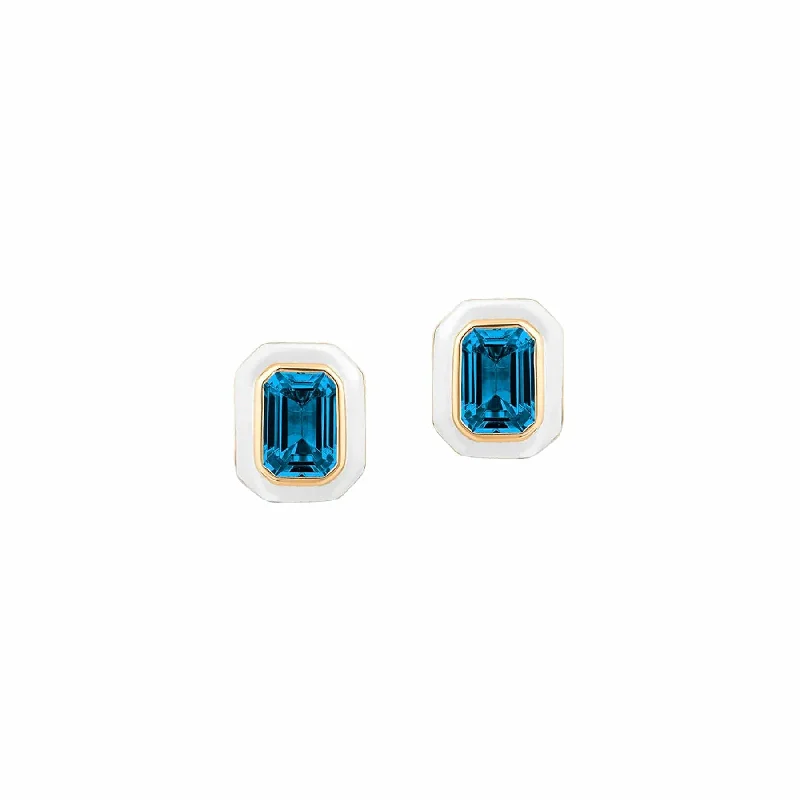 thin stud earrings-London Blue Topaz White Enamel Queen Studs