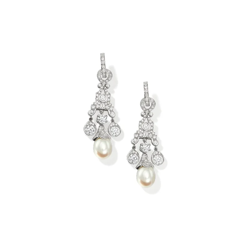 rose gold ten-layer earrings-Maharani Earring Drops 18ct White Gold - Diamond & Pearl