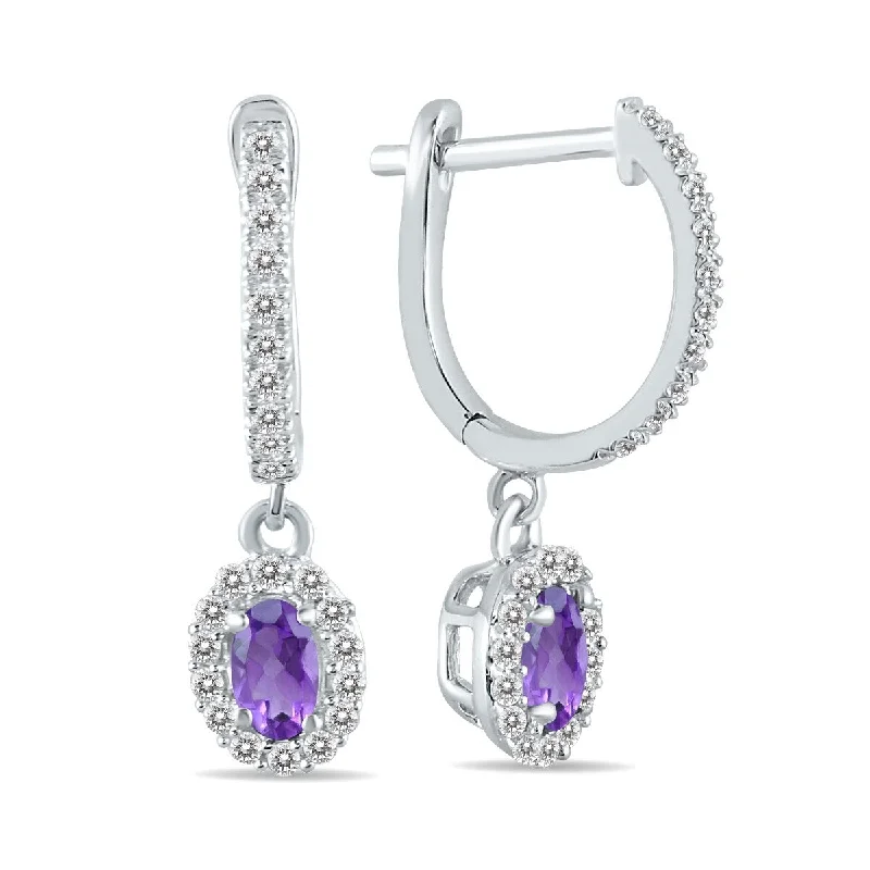 urban angular earrings-Marquee 1/2 Carat Oval Amethyst and Diamond Halo Dangle Earrings in 10K White Gold