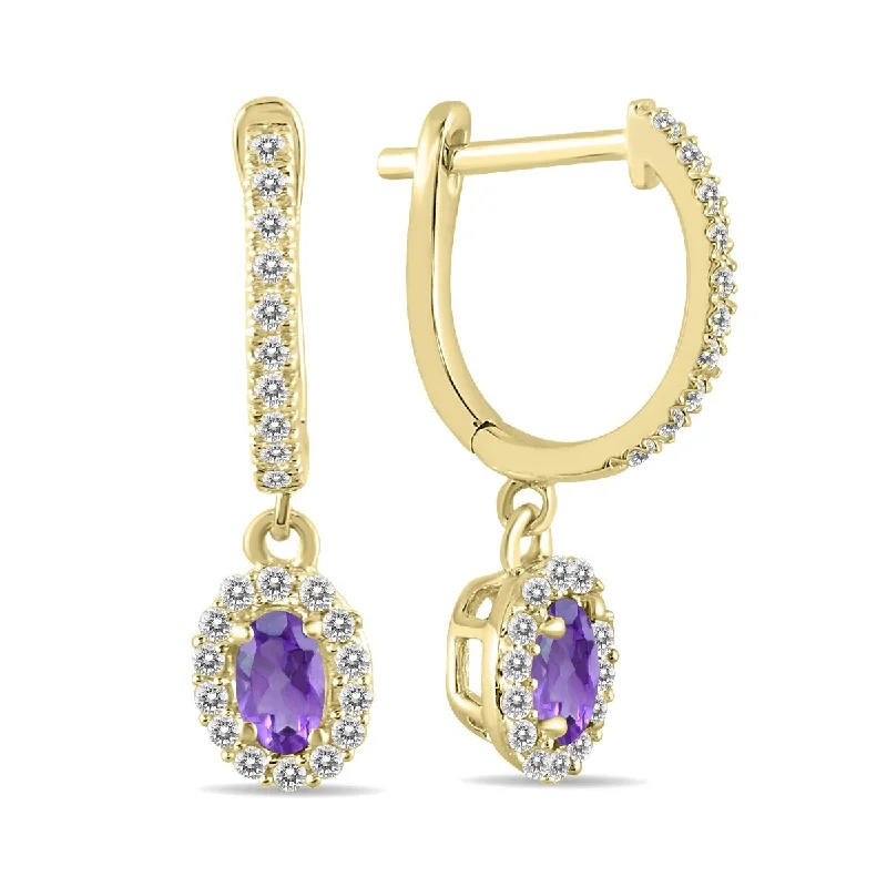 shimmering stud earrings-Marquee 1/2 Carat Oval Amethyst and Diamond Halo Dangle Earrings in 10K Yellow Gold