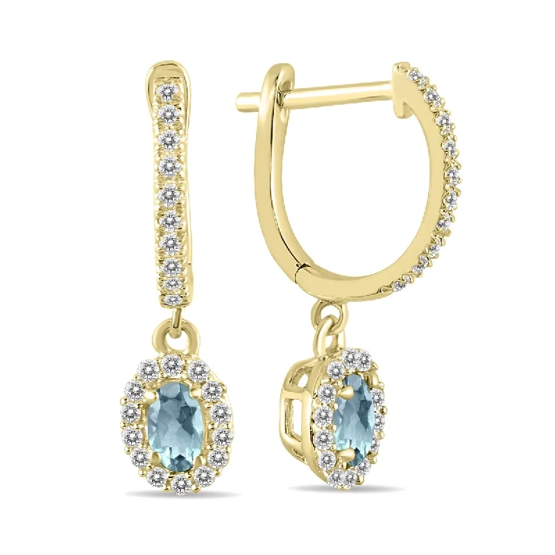 silver braid earrings-Marquee 1/2 Carat Oval Aquamarine and Diamond Halo Dangle Earrings in 10K Yellow Gold