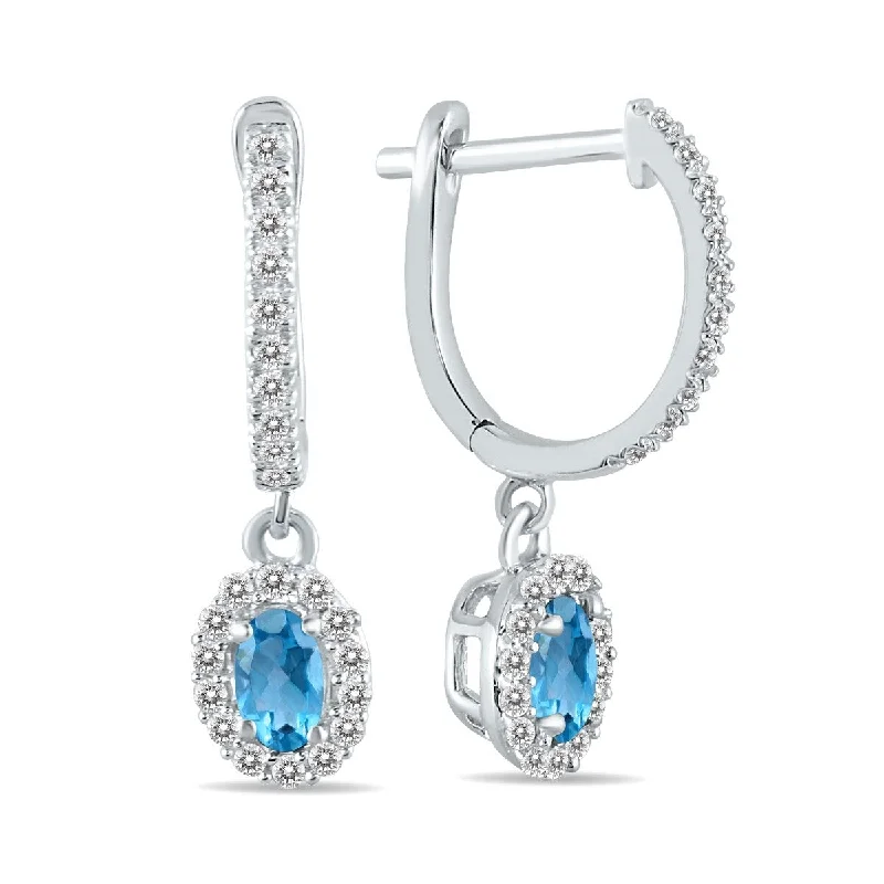 custom name earrings-Marquee 1/2 Carat Oval Blue Topaz and Diamond Halo Dangle Earrings in 10K White Gold