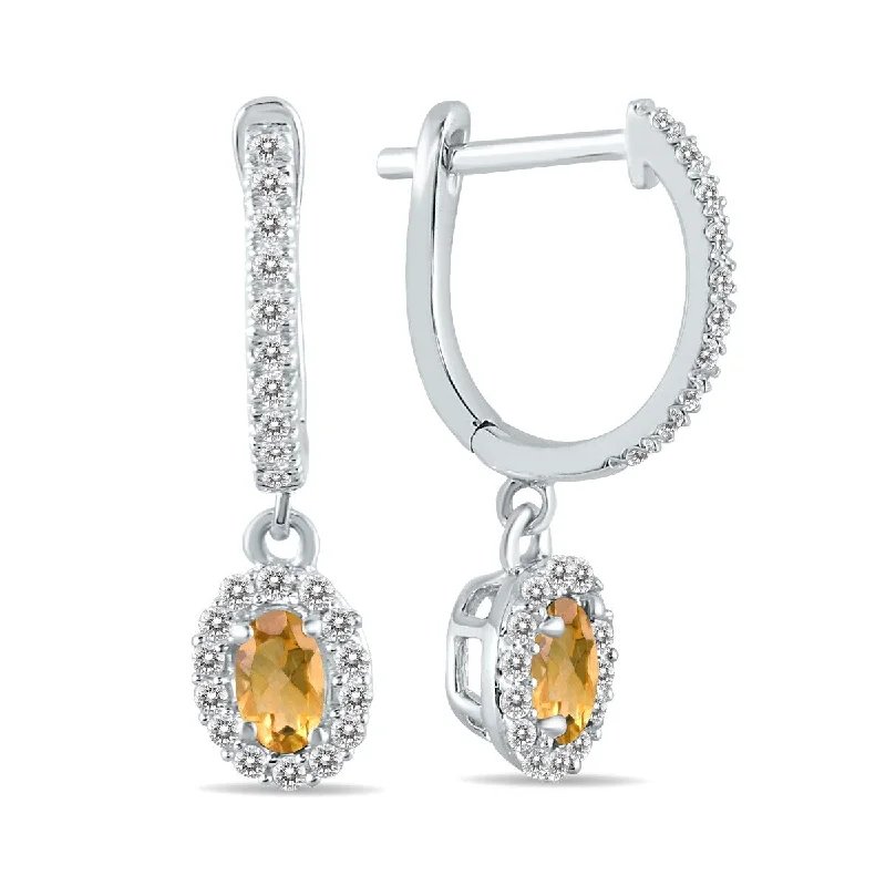 retro ruby stud earrings-Marquee 1/2 Carat Oval Citrine and Diamond Halo Dangle Earrings in 10K White Gold