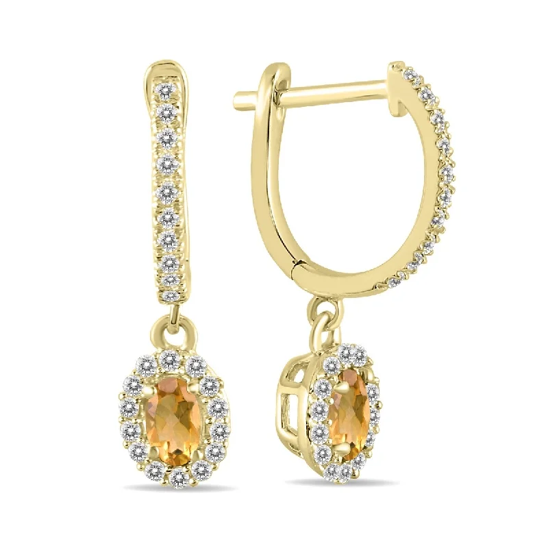 tarnished statement earrings-Marquee 1/2 Carat Oval Citrine and Diamond Halo Dangle Earrings in 10K Yellow Gold