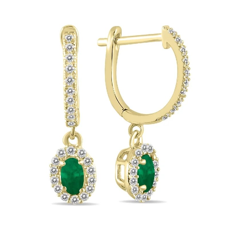 leafy-themed earrings-Marquee 1/2 Carat Oval Emerald and Diamond Halo Dangle Earrings in 10K Yellow Gold