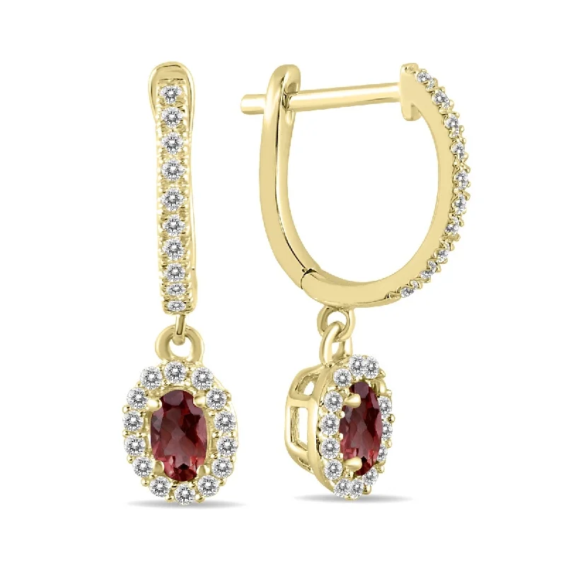 luxurious cocktail earrings-Marquee 1/2 Carat Oval Garnet and Diamond Halo Dangle Earrings in 10K Yellow Gold