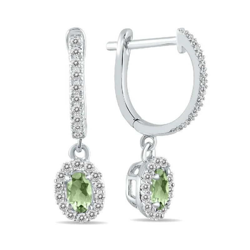 rose gold knotted earrings-Marquee 1/2 Carat Oval Green Amethyst and Diamond Halo Dangle Earrings in 10K White Gold