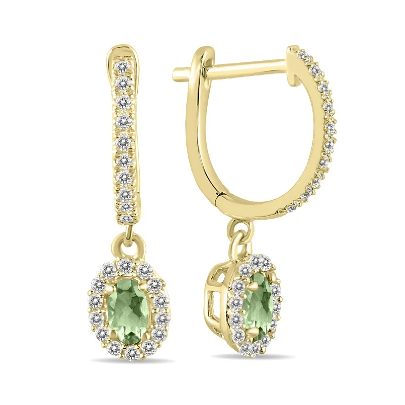 frond stamped earrings-Marquee 1/2 Carat Oval Green Amethyst and Diamond Halo Dangle Earrings in 10K Yellow Gold