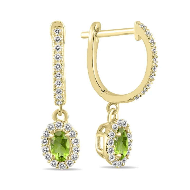 ruby hoop earrings-Marquee 1/2 Carat Oval Peridot and Diamond Halo Dangle Earrings in 10K Yellow Gold