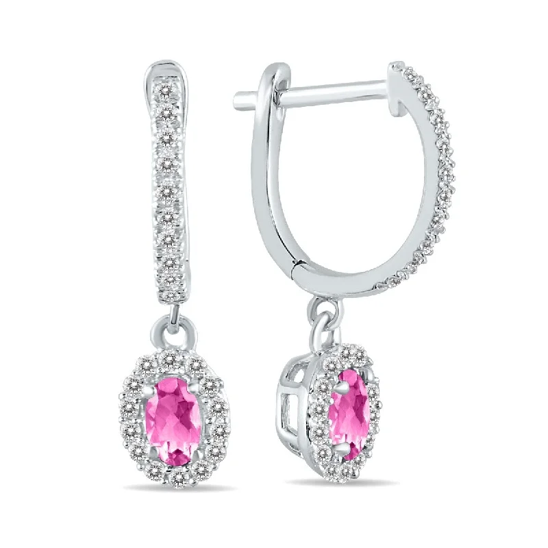 pearl knotted earrings-Marquee 1/2 Carat Oval Pink Topaz and Diamond Halo Dangle Earrings in 10K White Gold