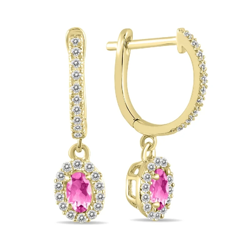 ruby hoop earrings-Marquee 1/2 Carat Oval Pink Topaz and Diamond Halo Dangle Earrings in 10K Yellow Gold