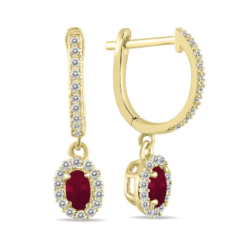 braided drop earrings-Marquee 1/2 Carat Oval Ruby and Diamond Halo Dangle Earrings in 10K Yellow Gold