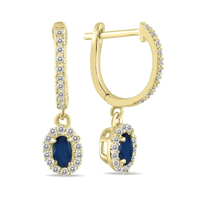 braided drop earrings-Marquee 1/2 Carat Oval Sapphire and Diamond Halo Dangle Earrings in 10K Yellow Gold