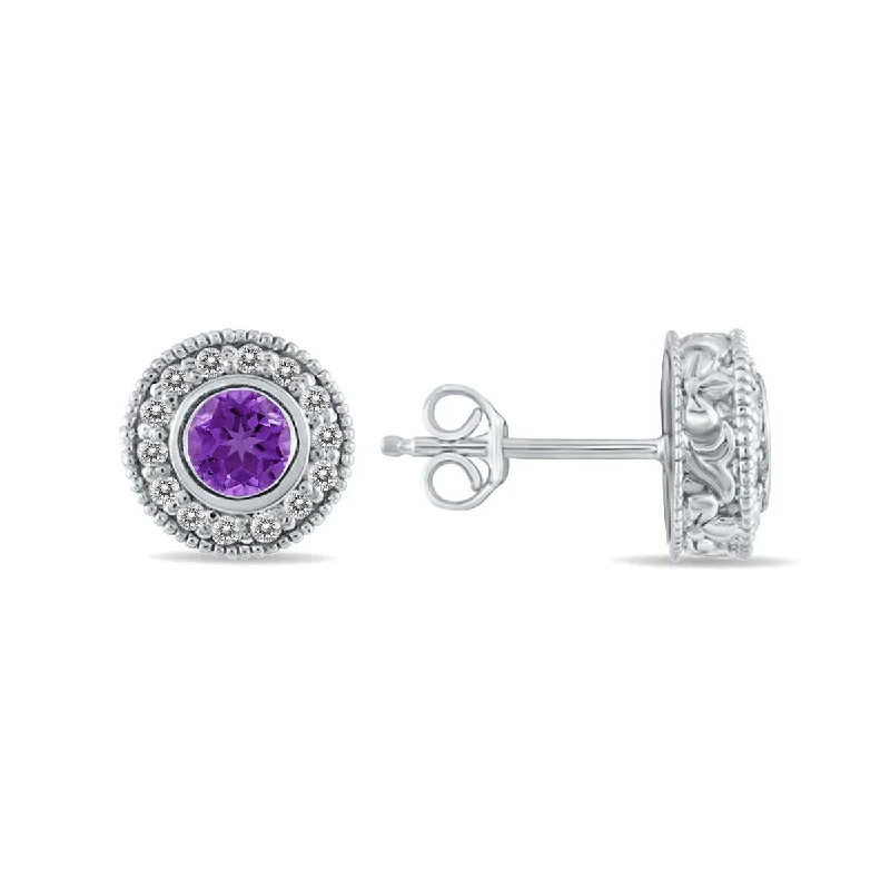 leafy-themed drop earrings-Marquee 1/2 Carat TW Amethyst and Diamond Bezel Set Earrings 10K White Gold