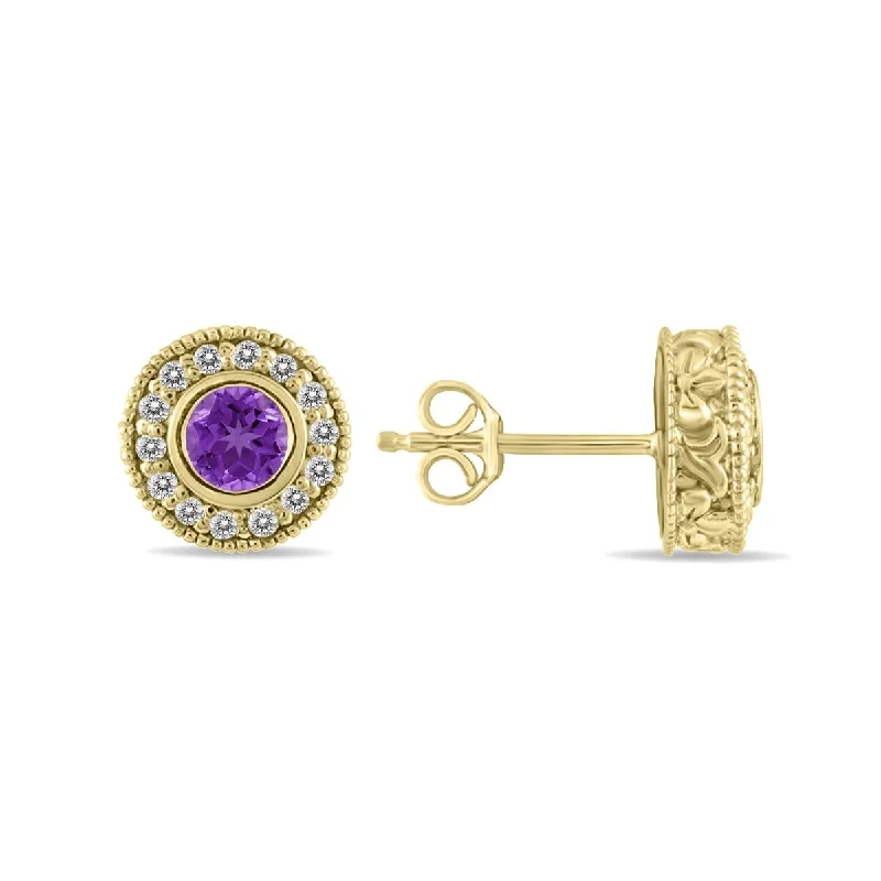 bendable drop earrings-Marquee 1/2 Carat TW Amethyst and Diamond Bezel Set Earrings 10K Yellow Gold