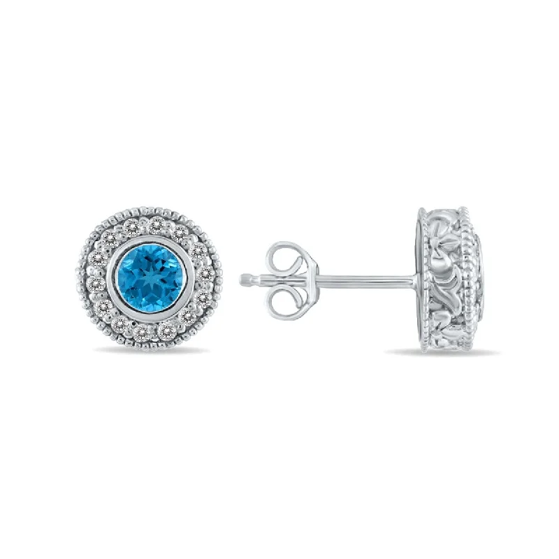 chunky silver earrings-Marquee 1/2 Carat TW Blue Topaz and Diamond Bezel Set Earrings 10K White Gold