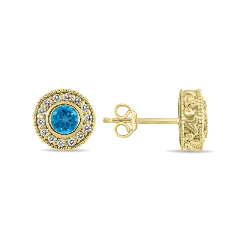 regency ruby earrings-Marquee 1/2 Carat TW Blue Topaz and Diamond Bezel Set Earrings 10K Yellow Gold