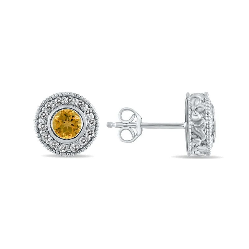 pewter hoop earrings-Marquee 1/2 Carat TW Citrine and Diamond Bezel Set Earrings 10K White Gold