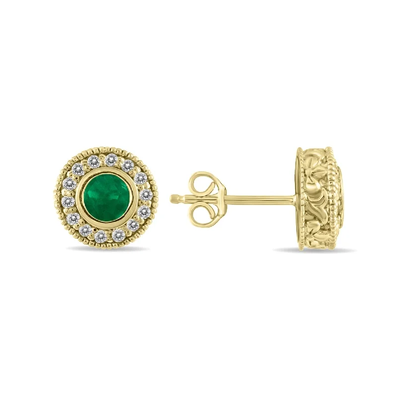 flow-shaped stud earrings-Marquee 1/2 Carat TW Emerald and Diamond Bezel Set Earrings 10K Yellow Gold