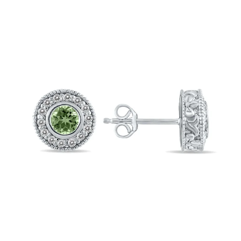 knotted gold earrings-Marquee 1/2 Carat TW Green Amethyst and Diamond Bezel Set Earrings 10K White Gold