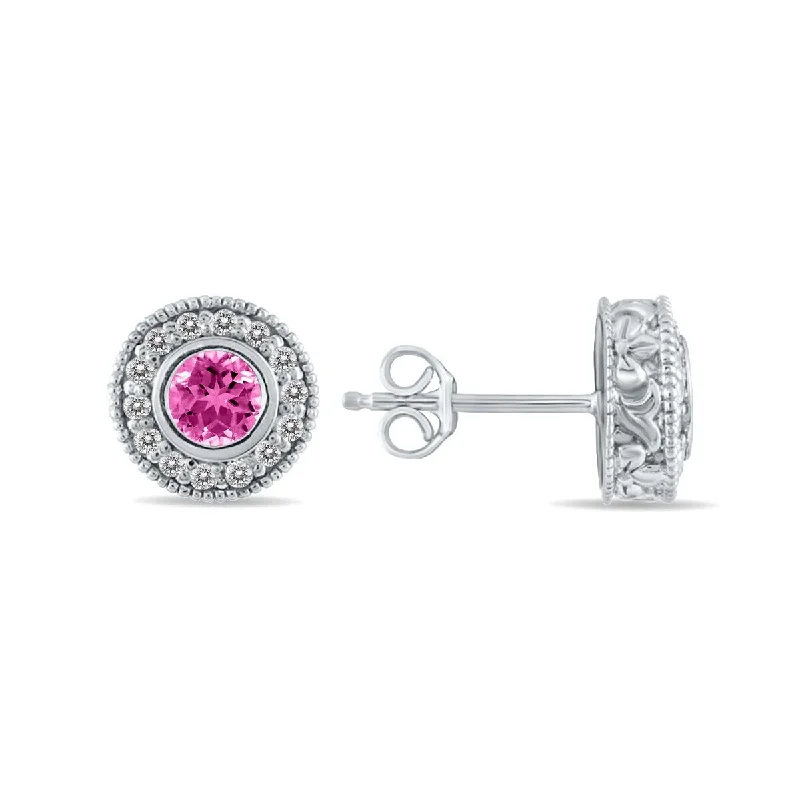 custom cosmos earrings-Marquee 1/2 Carat TW Pink Topaz and Diamond Bezel Set Earrings 10K White Gold