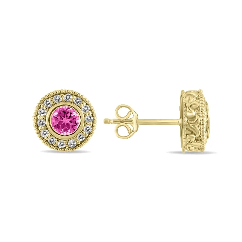 retro-style earrings-Marquee 1/2 Carat TW Pink Topaz and Diamond Bezel Set Earrings 10K Yellow Gold