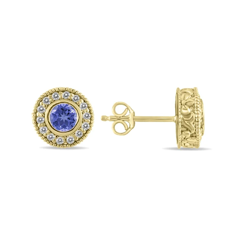 stamped love earrings-Marquee 1/2 Carat TW Tanzanite and Diamond Bezel Set Earrings 10K Yellow Gold