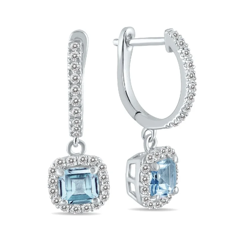 bendable gemstone earrings-Marquee 1 Carat Aquamarine and Diamond Halo Dangle Earrings in 10K White Gold