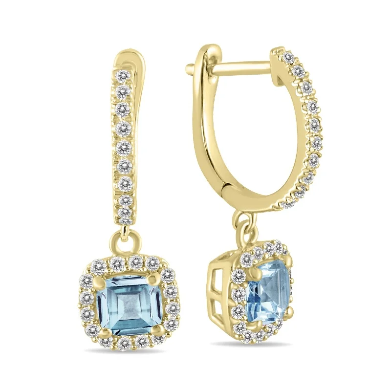 regency gold earrings-Marquee 1 Carat Aquamarine and Diamond Halo Dangle Earrings in 10K Yellow Gold