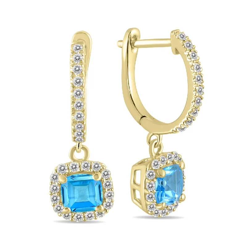 ruby hoop earrings-Marquee 1 Carat Blue Topaz and Diamond Halo Dangle Earrings in 10K Yellow Gold