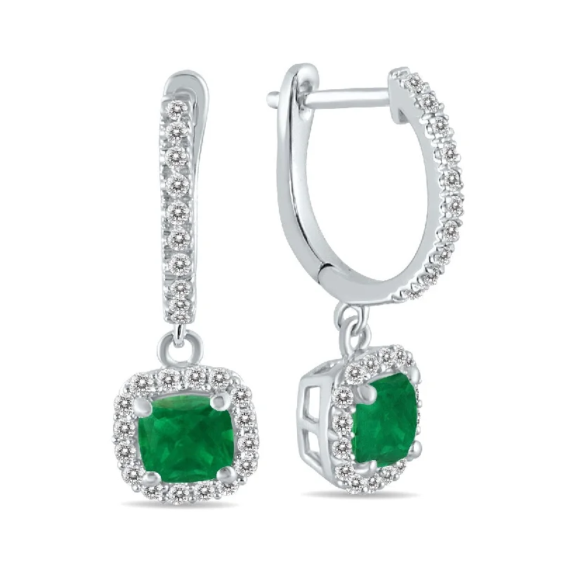 wanderlust turquoise earrings-Marquee 1 Carat Emerald and Diamond Halo Dangle Earrings in 10K White Gold