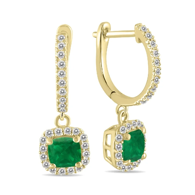 wanderlust chandelier earrings-Marquee 1 Carat Emerald and Diamond Halo Dangle Earrings in 10K Yellow Gold