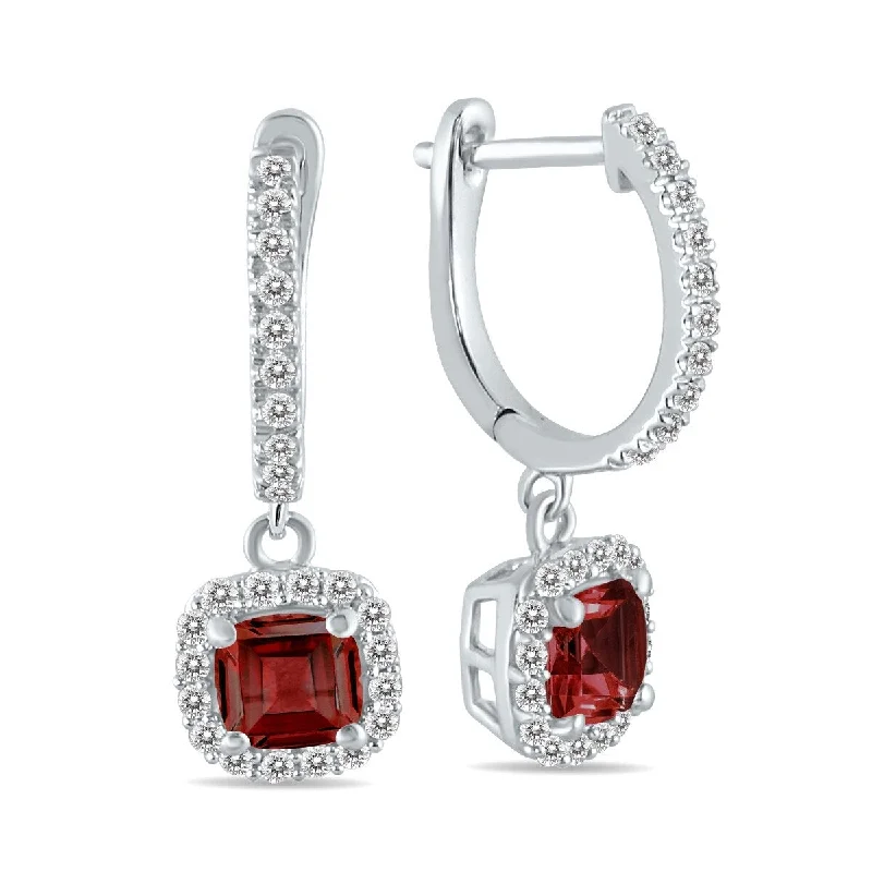 thin drop earrings-Marquee 1 Carat Garnet and Diamond Halo Dangle Earrings in 10K White Gold