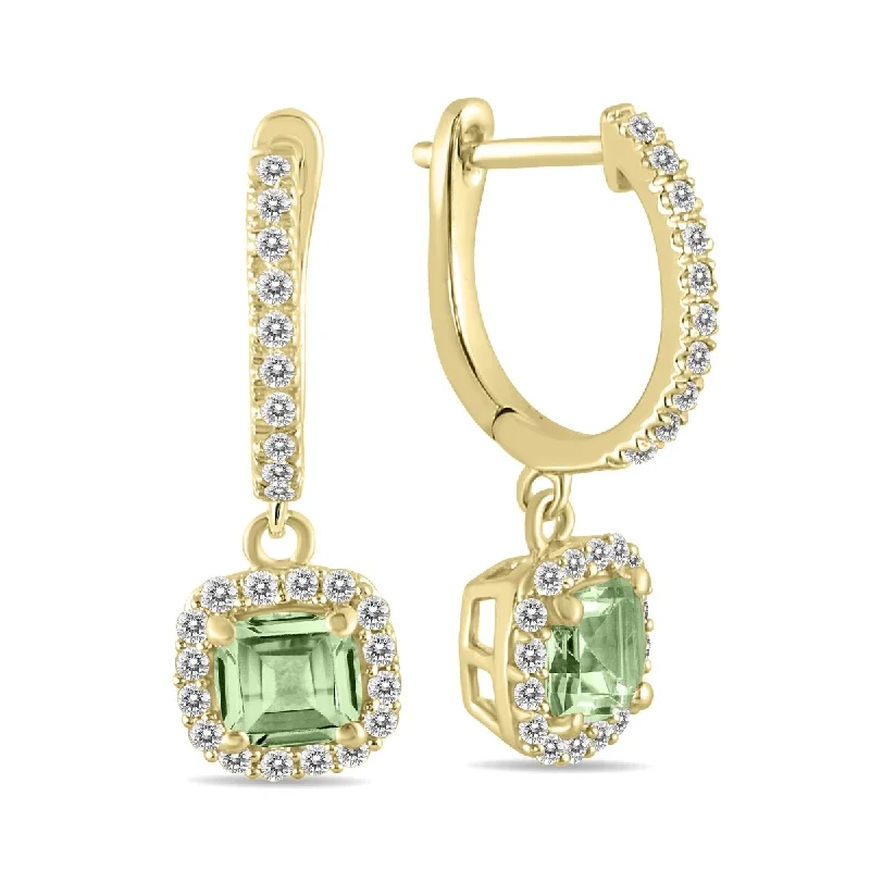 vibrant gold earrings-Marquee 1 Carat Green Amethyst and Diamond Halo Dangle Earrings in 10K Yellow Gold