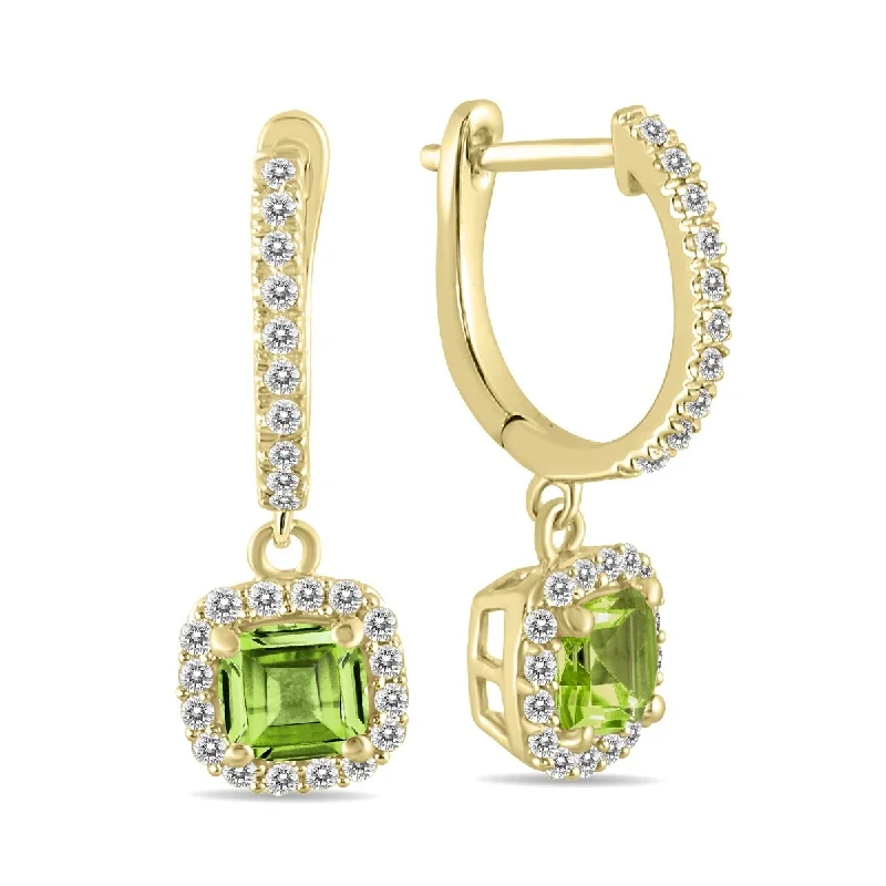 knotted hoop earrings-Marquee 1 Carat Peridot and Diamond Halo Dangle Earrings in 10K Yellow Gold