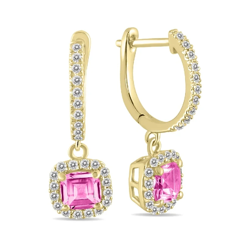 vintage pearl earrings-Marquee 1 Carat Pink Topaz and Diamond Halo Dangle Earrings in 10K Yellow Gold