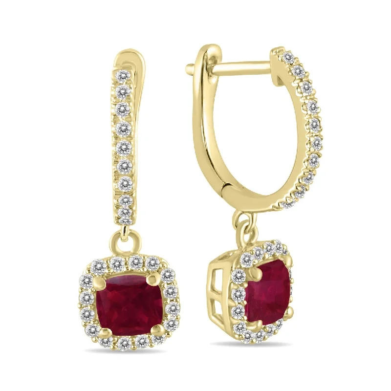 urban satin earrings-Marquee 1 Carat Ruby and Diamond Halo Dangle Earrings in 10K Yellow Gold