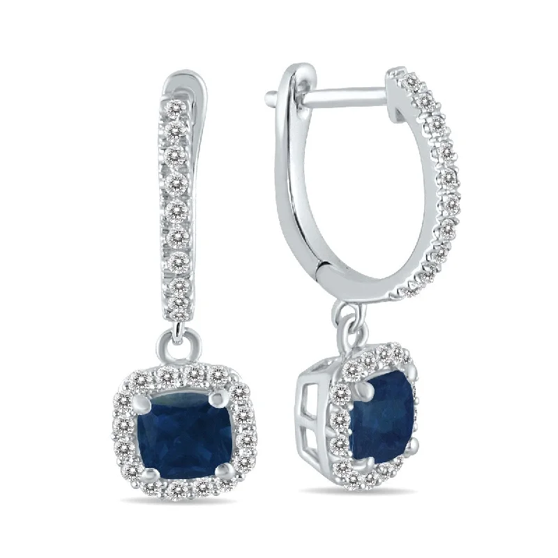 tarnished silver earrings-Marquee 1 Carat Sapphire and Diamond Halo Dangle Earrings in 10K White Gold