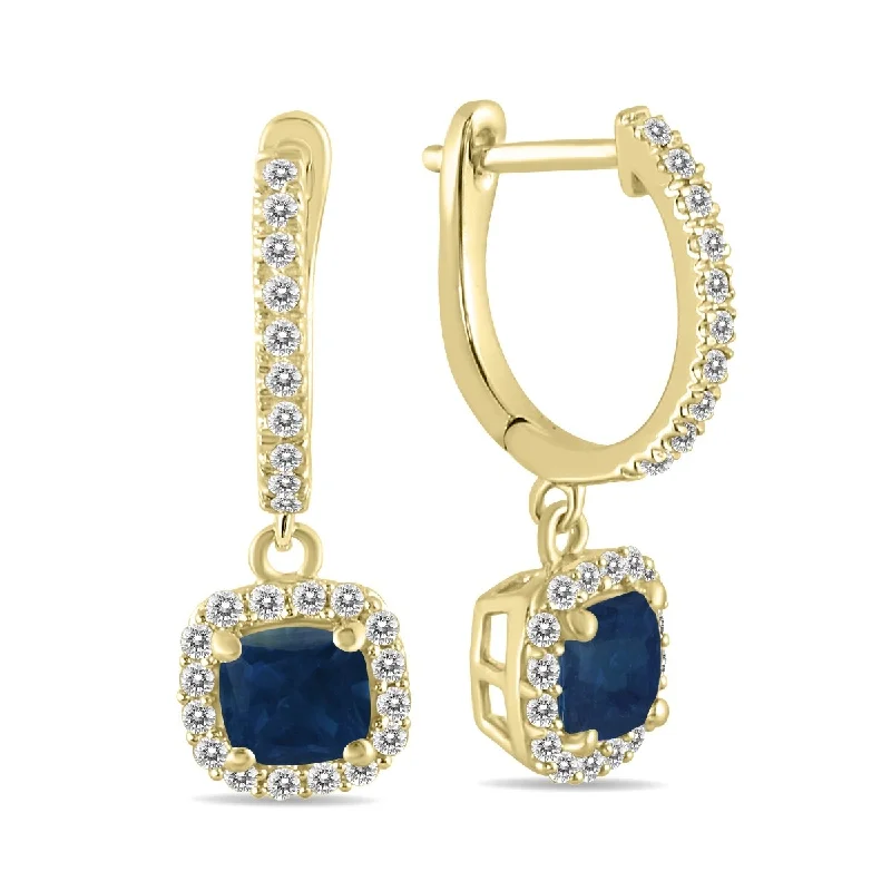 heavy statement earrings-Marquee 1 Carat Sapphire and Diamond Halo Dangle Earrings in 10K Yellow Gold