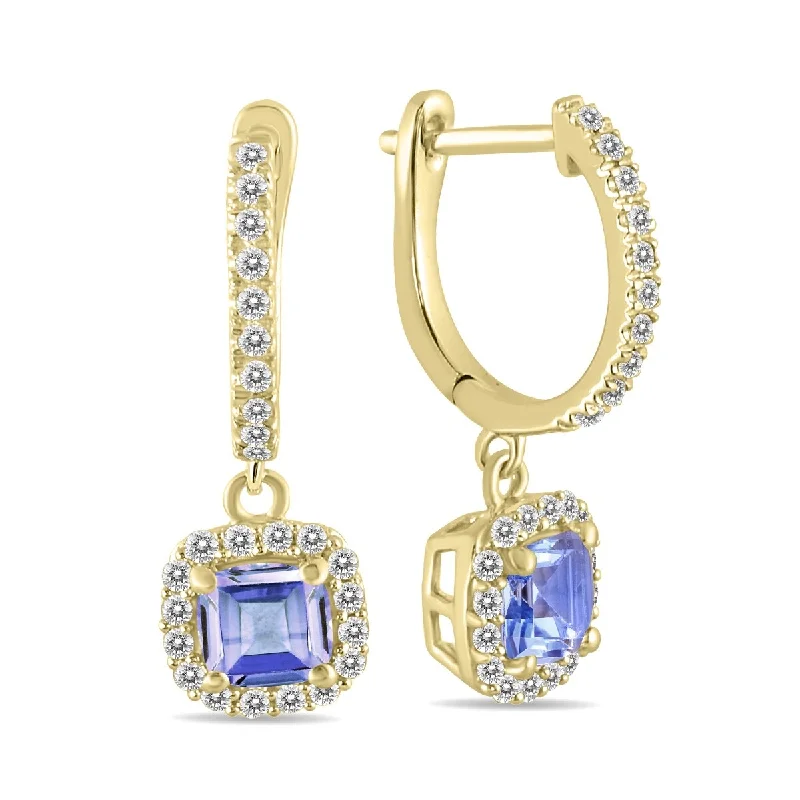 aquamarine drop earrings-Marquee 1 Carat Tanzanite and Diamond Halo Dangle Earrings in 10K Yellow Gold