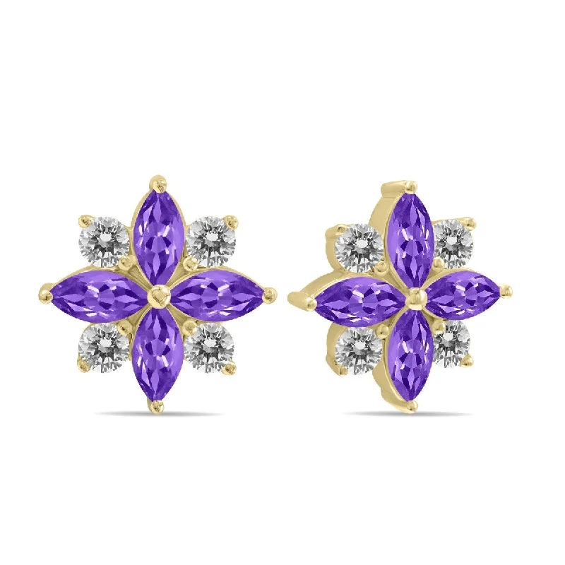 flow-shaped drop earrings-Marquee 1 Carat TW Amethyst and Diamond Flower Earrings in 10K Yellow Gold