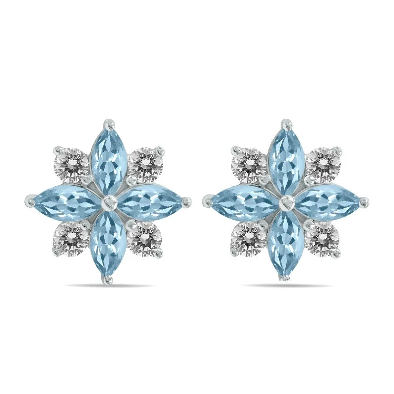 retro pearl stud earrings-Marquee 1 Carat TW Aquamarine and Diamond Flower Earrings in 10K White Gold