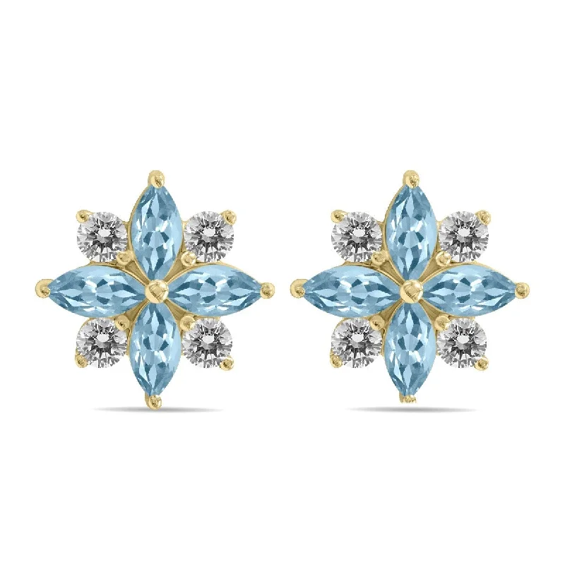 stamped letter earrings-Marquee 1 Carat TW Aquamarine and Diamond Flower Earrings in 10K Yellow Gold