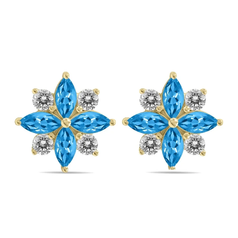 stellar star earrings-Marquee 1 Carat TW Blue Topaz and Diamond Flower Earrings in 10K Yellow Gold