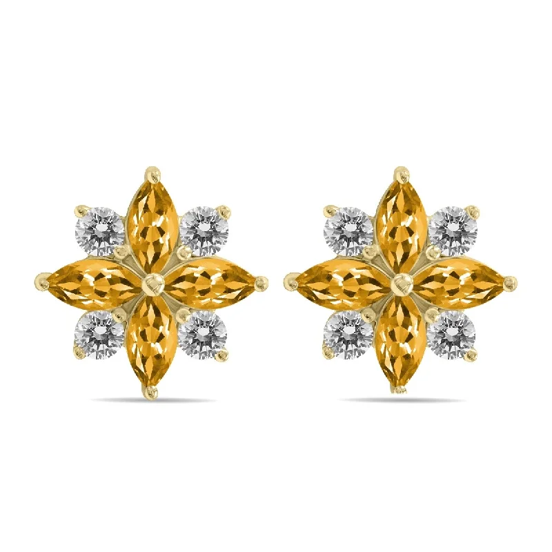 bendable gemstone earrings-Marquee 1 Carat TW Citrine and Diamond Flower Earrings in 10K Yellow Gold