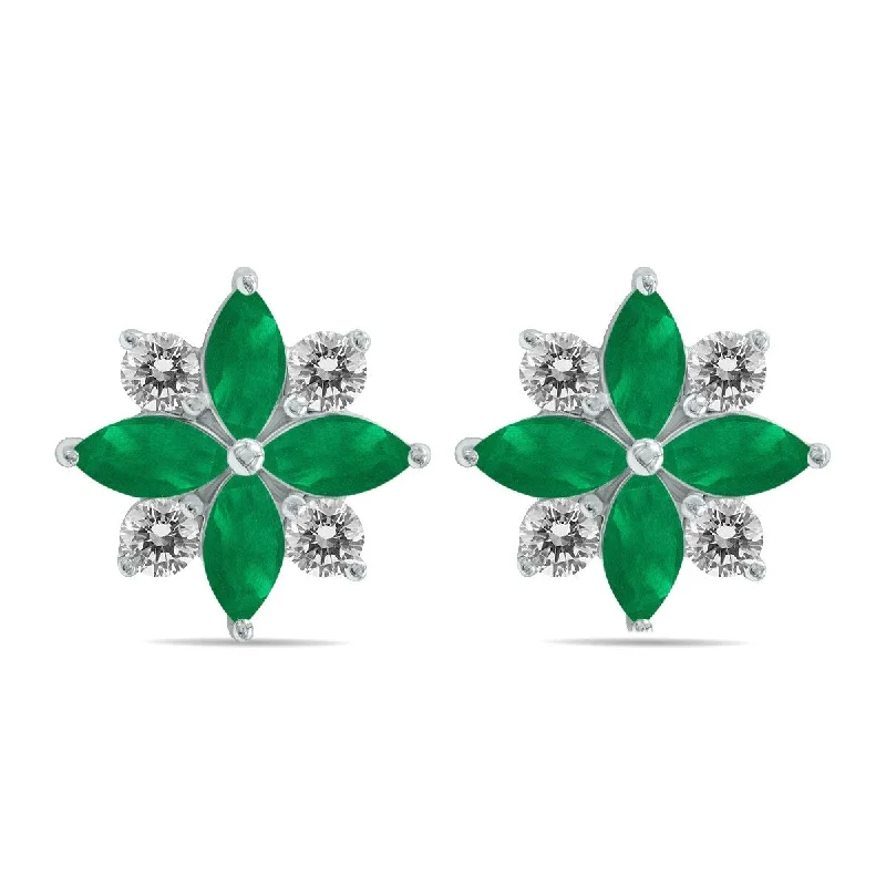 heavy silver earrings-Marquee 1 Carat TW Emerald and Diamond Flower Earrings in 10K White Gold